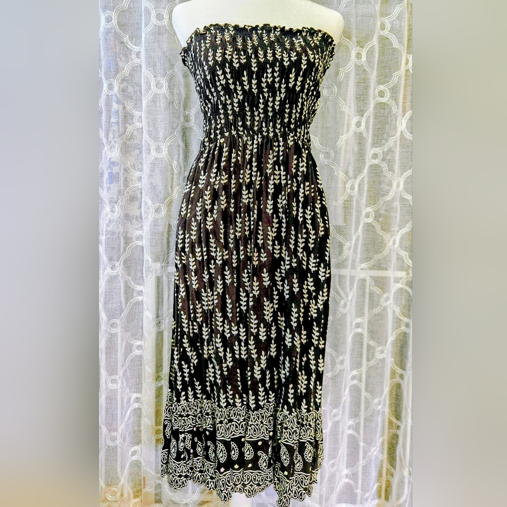 Joolay Black Strapless Leaf Print Smocked Midi Dress Size L